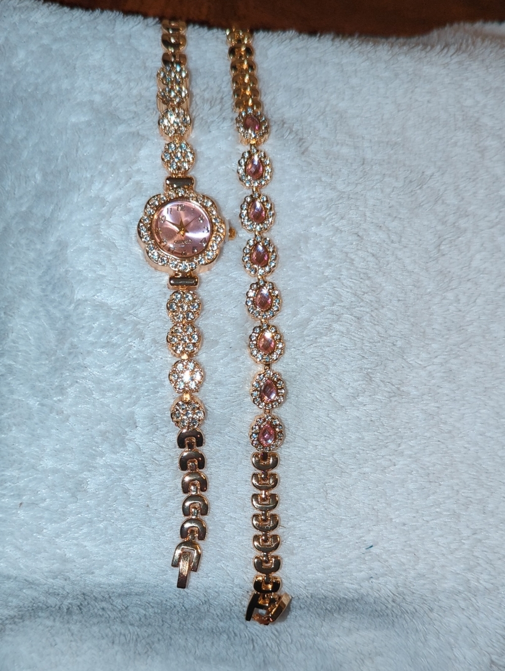 Rose Gold-Tone Pink Crystal Watch & Bracelet Set